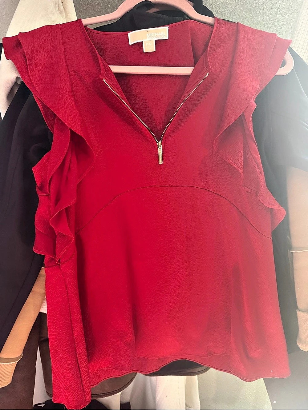 Michael Kors Ruffle Sleeve Zip Front Top in Red Size Medium